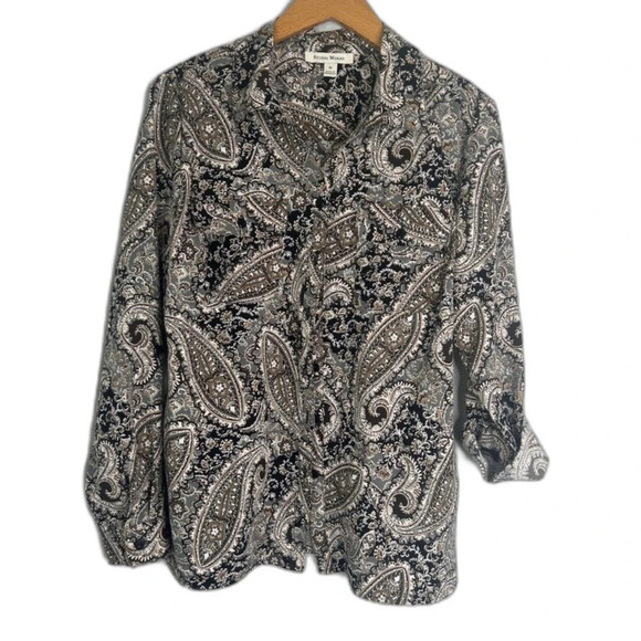 Studio Works Geometric Paisley Button Front Long Sleeve Blouse Size MD‎ - Picture 1 of 10